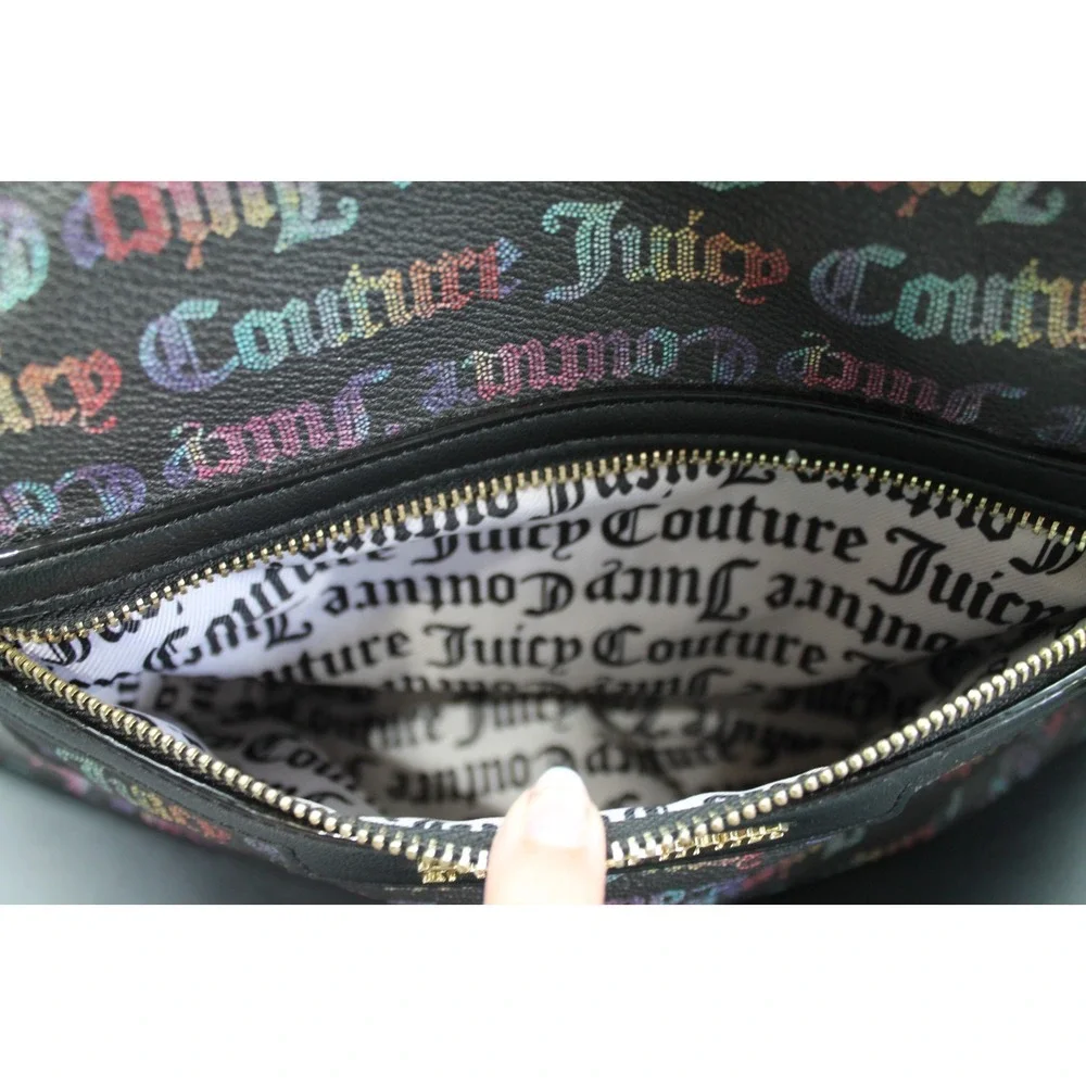 Juicy Couture Rainbow Logo Print Satchel Duffel Shoulder Bag Black Crown Charm